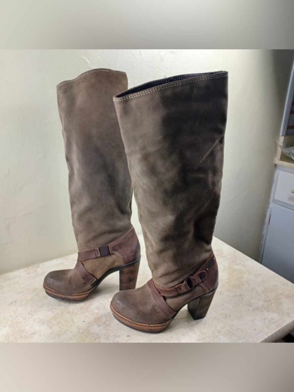 Women's Tall Suede Brown Heeled Boots - Picture 2 of 12